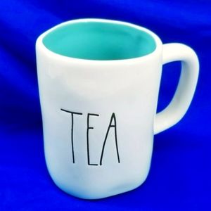 Rae Dunn TEA Large Long Letters White Coffee Big Mug Blue Interior